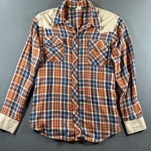 Vintage Foxy Brand Western Brown Plaid Pearl Snap With Beige Yoke And Cuffs XL